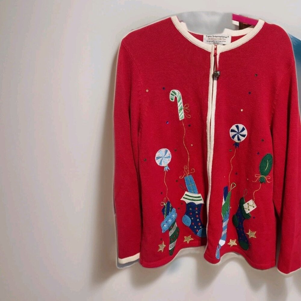 Ugly Christmas Sweater Tiara International Stocking Collection Zip Up 1X‎ Women